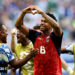 MIAMI GARDENS, FLORIDA - JUNE 21: Kevin Pina #6 of Cabo Verde celebrates with teammates after scoring the team's first goal during the FIFA World Cup 2026 Group H match between Uruguay and Cabo Verde at Miami Stadium on June 21, 2026 in Miami Gardens, Florida. (Photo by Carmen Mandato - FIFA/FIFA via Getty Images)