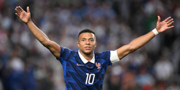 PHILADELPHIA, PENNSYLVANIA - JUNE 22: Kylian Mbappe #10 of France celebrates scoring his team's second goal during the FIFA World Cup 2026 Group I match between France and Iraq at Philadelphia Stadium on June 22, 2026 in Philadelphia, Pennsylvania. (Photo by Hannah Peters - FIFA/FIFA via Getty Images)