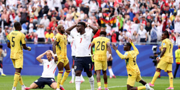 FOXBOROUGH, MASSACHUSETTS - JUNE 23: Bukayo Saka #7 of England reacts as Harry Kane #9 of England misses a chance during the FIFA World Cup 2026 Group L match between England and Ghana at Boston Stadium on June 23, 2026 in Foxborough, Massachusetts. (Photo by Justin Setterfield/Getty Images)