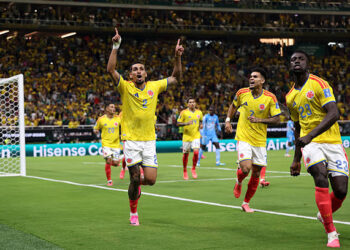 ZAPOPAN, MEXICO - JUNE 23: Daniel Munoz #2 of Colombia celebrates scoring his team's first goal during the FIFA World Cup 2026 Group K match between Colombia and Congo DR at Guadalajara Stadium on June 23, 2026 in Zapopan, Mexico. (Photo by Carl Recine/Getty Images)