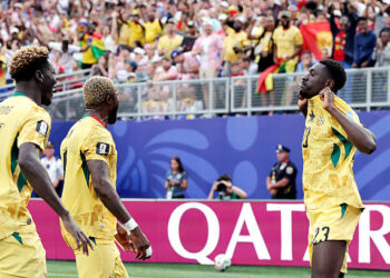 Derrick Luckassen of Ghana celebrates 1-1 with Kwasi Sibo of Ghana  during the  World Cup match between Croatia  v Ghana at the Philadelphia Stadium on June 27, 2026 in Philadelphia United States (Photo by Marcel Bonte/Soccrates/Getty Images)