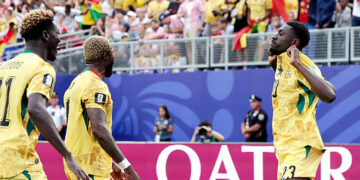 Derrick Luckassen of Ghana celebrates 1-1 with Kwasi Sibo of Ghana  during the  World Cup match between Croatia  v Ghana at the Philadelphia Stadium on June 27, 2026 in Philadelphia United States (Photo by Marcel Bonte/Soccrates/Getty Images)