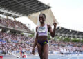 Tobi AMUSAN of Nigeria celebrates during the IAAF Diamond League Meeting of Paris at Stade Charlety on June 28, 2026 in Paris, France. (Photo by Emilian Baldow/Icon Sport via Getty Images)
