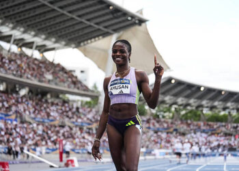 Tobi AMUSAN of Nigeria celebrates during the IAAF Diamond League Meeting of Paris at Stade Charlety on June 28, 2026 in Paris, France. (Photo by Emilian Baldow/Icon Sport via Getty Images)