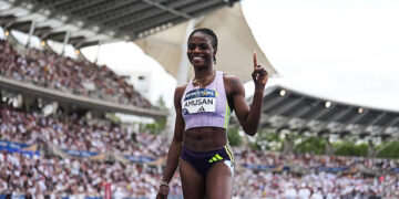 Tobi AMUSAN of Nigeria celebrates during the IAAF Diamond League Meeting of Paris at Stade Charlety on June 28, 2026 in Paris, France. (Photo by Emilian Baldow/Icon Sport via Getty Images)