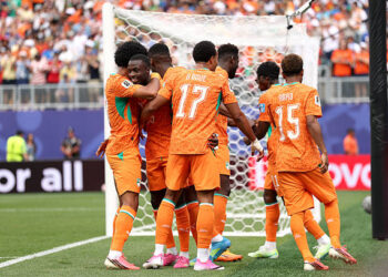 PHILADELPHIA, PENNSYLVANIA - JUNE 25: Nicolas Pepe #19 of Cote d'Ivoire celebrates with teammates after scoring his team's first goal during the FIFA World Cup 2026 Group E match between Curacao and Cote D'Ivoire at Philadelphia Stadium on June 25, 2026 in Philadelphia, Pennsylvania. (Photo by Darrian Traynor/Getty Images)