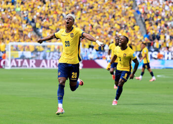 EAST RUTHERFORD, NEW JERSEY - JUNE 25: Nilson Angulo #20 of Ecuador celebrates scoring his team's first goal during the FIFA World Cup 2026 Group E match between Ecuador and Germany at New York New Jersey Stadium on June 25, 2026 in East Rutherford, New Jersey. (Photo by Buda Mendes/Getty Images)