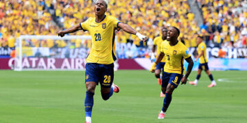 EAST RUTHERFORD, NEW JERSEY - JUNE 25: Nilson Angulo #20 of Ecuador celebrates scoring his team's first goal during the FIFA World Cup 2026 Group E match between Ecuador and Germany at New York New Jersey Stadium on June 25, 2026 in East Rutherford, New Jersey. (Photo by Buda Mendes/Getty Images)