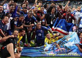 Cabo Verde players celebrate after the 0-0 draw during the FIFA World Cup 2026 Group H match between Cabo Verde and Saudi Arabia at Houston Stadium on June 26, 2026 in Houston, Texas. (Photo by Francois Nel/Getty Images)