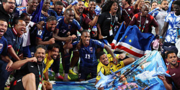 Cabo Verde players celebrate after the 0-0 draw during the FIFA World Cup 2026 Group H match between Cabo Verde and Saudi Arabia at Houston Stadium on June 26, 2026 in Houston, Texas. (Photo by Francois Nel/Getty Images)