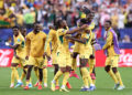 PHILADELPHIA, PENNSYLVANIA - JUNE 27: Derrick Luckassen #23 of Ghana celebrates with teammates after scoring his team's first goal during the FIFA World Cup 2026 Group L match between Croatia and Ghana at Philadelphia Stadium on June 27, 2026 in Philadelphia, Pennsylvania. (Photo by Darrian Traynor/Getty Images)