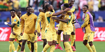 PHILADELPHIA, PENNSYLVANIA - JUNE 27: Derrick Luckassen #23 of Ghana celebrates with teammates after scoring his team's first goal during the FIFA World Cup 2026 Group L match between Croatia and Ghana at Philadelphia Stadium on June 27, 2026 in Philadelphia, Pennsylvania. (Photo by Darrian Traynor/Getty Images)