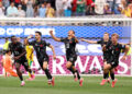 Stephen Eustaquio #7 of Canada celebrates scoring his team's first goal with team mates during the FIFA World Cup 2026 Round Of 32 match between South Africa and Canada at Los Angeles Stadium on June 28, 2026 in Inglewood, California. (Photo by Fran Santiago/Getty Images)