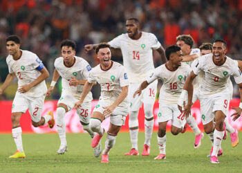 Players of Morocco dash as Ismael Saibari #11 of Morocco scores the team's fifth and winning penalty during hte penalty shootout in the FIFA World Cup 2026 Round of 32 match between Netherlands and Morocco at Monterrey Stadium on June 29, 2026 in Guadalupe, Mexico. (Photo by Carl Recine/Getty Images)