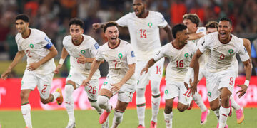Players of Morocco dash as Ismael Saibari #11 of Morocco scores the team's fifth and winning penalty during hte penalty shootout in the FIFA World Cup 2026 Round of 32 match between Netherlands and Morocco at Monterrey Stadium on June 29, 2026 in Guadalupe, Mexico. (Photo by Carl Recine/Getty Images)