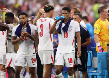 England players during a hydration break in game against Croatia Photo Courtesy: Getty Images