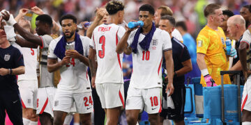 England players during a hydration break in game against Croatia Photo Courtesy: Getty Images