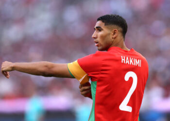 Achraf Hakimi #2 of Team Morocco looks on during the Men's semifinal match between Morocco and Spain during the Olympic Games Paris 2024 at Stade de Marseille on August 05, 2024 in Marseille, France. (Photo by Alex Livesey/Getty Images)