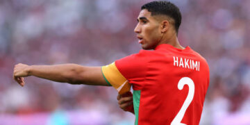 Achraf Hakimi #2 of Team Morocco looks on  during the Men's semifinal match between Morocco and Spain during the Olympic Games Paris 2024 at Stade de Marseille on August 05, 2024 in Marseille, France. (Photo by Alex Livesey/Getty Images)