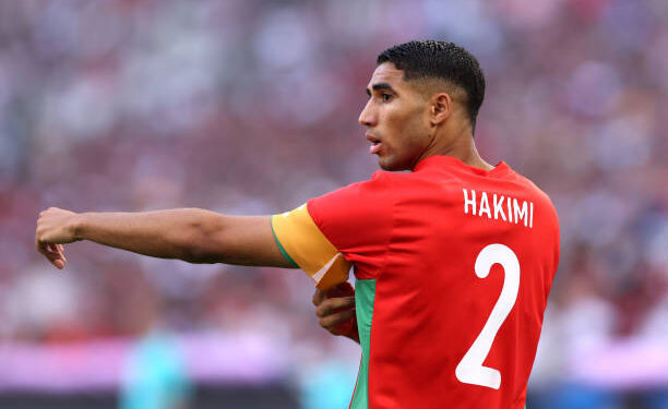 Achraf Hakimi #2 of Team Morocco looks on  during the Men's semifinal match between Morocco and Spain during the Olympic Games Paris 2024 at Stade de Marseille on August 05, 2024 in Marseille, France. (Photo by Alex Livesey/Getty Images)