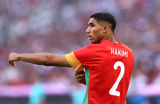 Achraf Hakimi #2 of Team Morocco looks on during the Men's semifinal match between Morocco and Spain during the Olympic Games Paris 2024 at Stade de Marseille on August 05, 2024 in Marseille, France. (Photo by Alex Livesey/Getty Images)