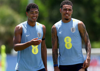 Jude Bellingham and Morgan Rogers #17 of England look on during a training session during the England World Cup 2026 Camp on June 08, 2026 in West Palm Beach, Florida. (Photo by Eddie Keogh - The FA/The FA via Getty Images)