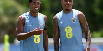 Jude Bellingham and Morgan Rogers #17 of England look on during a training session during the England World Cup 2026 Camp on June 08, 2026 in West Palm Beach, Florida.  (Photo by Eddie Keogh - The FA/The FA via Getty Images)