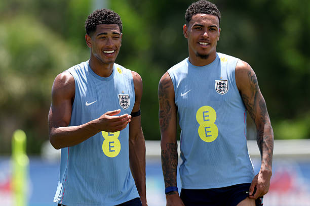 Jude Bellingham and Morgan Rogers #17 of England look on during a training session during the England World Cup 2026 Camp on June 08, 2026 in West Palm Beach, Florida. (Photo by Eddie Keogh - The FA/The FA via Getty Images)