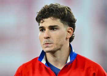 Julian Alvarez of Atletico Madrid looks on during the UEFA Champions League 2025/26 Semi Final Second Leg match between Arsenal FC and Atletico de Madrid at Arsenal Stadium on May 5, 2026 in London, England. (Photo by Vince Mignott/DeFodi Images/DeFodi via Getty Images)