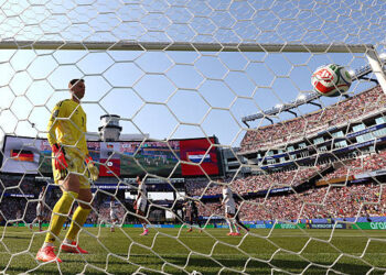 (EDITOR'S NOTE: Image was captured using a remote camera from behind the goal.) Manuel Neuer #1 of Germany concedes a first goal to Julio Enciso #19 of Paraguay during the FIFA World Cup 2026 Round Of 32 match between Germany and Paraguay at Boston Stadium on June 29, 2026 in Foxborough, Massachusetts. (Photo by Robert Cianflone/Getty Images)