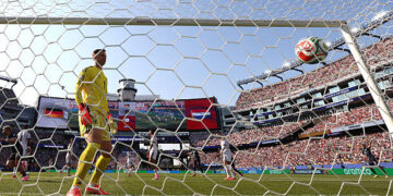 (EDITOR'S NOTE: Image was captured using a remote camera from behind the goal.) Manuel Neuer #1 of Germany concedes a first goal to Julio Enciso #19 of Paraguay during the FIFA World Cup 2026 Round Of 32 match between Germany and Paraguay at Boston Stadium on June 29, 2026 in Foxborough, Massachusetts. (Photo by Robert Cianflone/Getty Images)