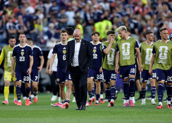 Steve Clarke, Manager of Scotland, and players show dejection after the team's 0-1 defeat in the FIFA World Cup 2026 Group C match between Scotland and Morocco at Boston Stadium on June 19, 2026 in Foxborough, Massachusetts. (Photo by Buda Mendes/Getty Images)