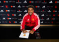Andrey Santos of Manchester United poses after signing for the club at Carrington Training Ground on July 13, 2026 in Manchester, England. (Photo by Manchester United/Manchester United via Getty Images)