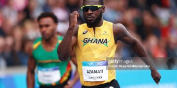 Benjamin Azamati of Team Ghana competes in the Men's 100 Metres Heats during the Athletics on day four of the Glasgow 2026 Commonwealth Games (Photo by Dean Mouhtaropoulos/Getty Images)