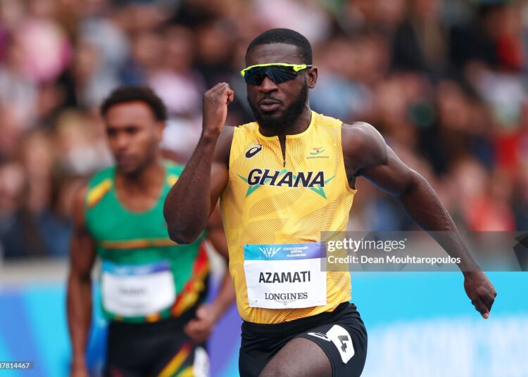 Benjamin Azamati of Team Ghana competes in the Men's 100 Metres Heats during the Athletics on day four of the Glasgow 2026 Commonwealth Games (Photo by Dean Mouhtaropoulos/Getty Images)