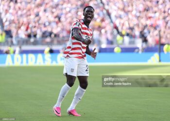 Folarin Balogun #20 of the United States celebrates scoring his team's first goal during the FIFA World Cup 2026 Round of 32 match between USA and Bosnia and Herzegovina (Photo by Jamie Squire/Getty Images)