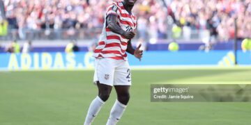 Folarin Balogun #20 of the United States celebrates scoring his team's first goal during the FIFA World Cup 2026 Round of 32 match between USA and Bosnia and Herzegovina (Photo by Jamie Squire/Getty Images)