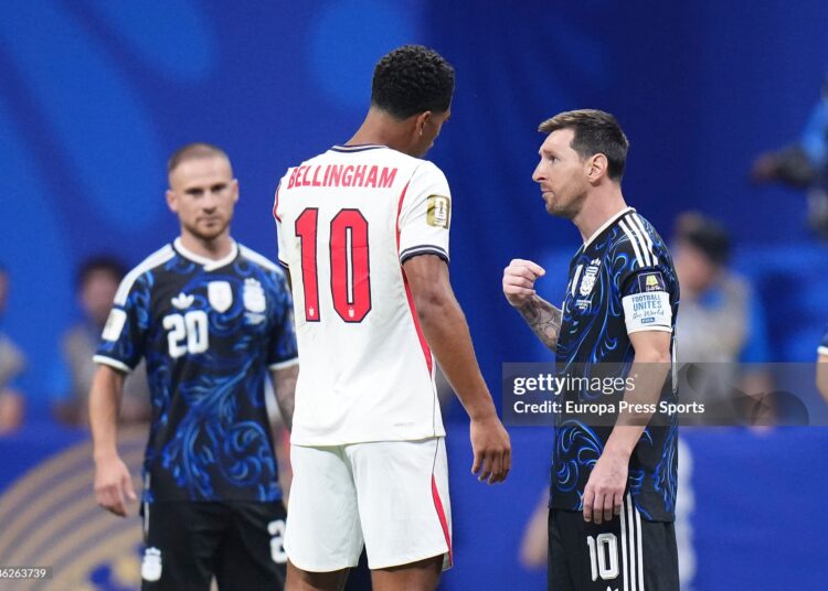 Jude Bellingham of England talks to Lionel Messi of Argentina during the FIFA World Cup 2026 Semi Final match between England and Argentina (Photo by Europa Press Sports/Europa Press via Getty Images)