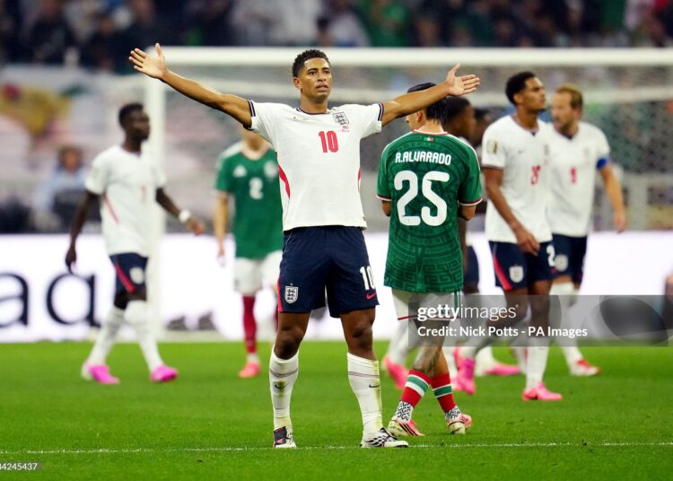 England's Jude Bellingham celebrates scoring their side's second goal of the game during the FIFA World Cup (Photo by Nick Potts/PA Images via Getty Images)