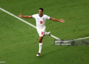 Jude Bellingham #10 of England celebrates scoring his team's sixth goal during the FIFA World Cup 2026 Bronze Final between France and England (Photo by Jamie Squire/Getty Images)