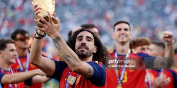 Marc Cucurella #24 of Spain celebrates with the FIFA World Cup Winner’s Trophy after the team’s victory following the FIFA World Cup 2026 Final match between Spain and Argentina (Photo by Carl Recine/Getty Images)