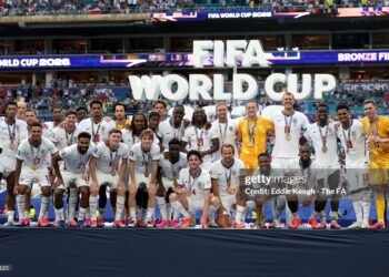 Players of England pose for a photograph with their bronze medals after the team's victory in the FIFA World Cup 2026 Bronze Final between France and England (Photo by Eddie Keogh - The FA/The FA via Getty Images)