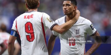 Harry Kane #9 of England consoles Jude Bellingham #10 of England after the FIFA World Cup 2026 Semi Final match between England and Argentina (Photo by Julian Finney - FIFA/FIFA via Getty Images)