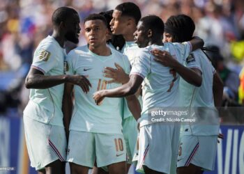 Kylian Mbappe (2nd from L) of France celebrates after scoring the opening goal during the FIFA World Cup 2026 quarter final football match between France and Morocco. France won 2-0 (Photo by Nicolò Campo/LightRocket via Getty Images)
