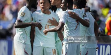 Kylian Mbappe (2nd from L) of France celebrates after scoring the opening goal during the FIFA World Cup 2026 quarter final football match between France and Morocco. France won 2-0 (Photo by Nicolò Campo/LightRocket via Getty Images)