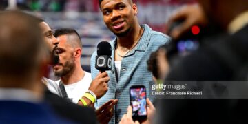 Giannis Antetokounmpo , 2 times NBA MVP during 2026 EuroLeague Championship Game Olympiacos Piraeus vs Real Madrid (Photo by Francesco Richieri/Euroleague Basketball via Getty Images)