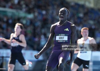 Gout Gout of Queensland celebrates breaking the World Junior Record and Australian Record and a PB to win the Men's 200m final in 19.67 seconds during the 2026 Australian Athletics Championships (Photo by Cameron Spencer/Getty Images)