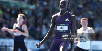 Gout Gout of Queensland celebrates breaking the World Junior Record and Australian Record and a PB to win the Men's 200m final in 19.67 seconds during the 2026 Australian Athletics Championships (Photo by Cameron Spencer/Getty Images)