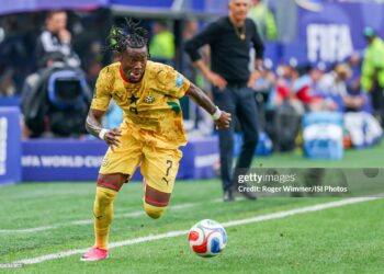 Abdul Fatawu #7 of Ghana dribbles during the FIFA World Cup 2026 Group L match against Croatia (Photo by Roger Wimmer/ISI Photos/ISI Photos via Getty Images)