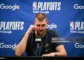 Nikola Jokic (15) of the Denver Nuggets speaks to members of the media after the Minnesota Timberwolves' 110-98 Game 6 NBA Playoffs series win at the Target Center in Minneapolis, Minnesota on Thursday, April 30, 2026. Minnesota eliminated the Nuggets 4-2. (Photo by AAron Ontiveroz/The Denver Post)
